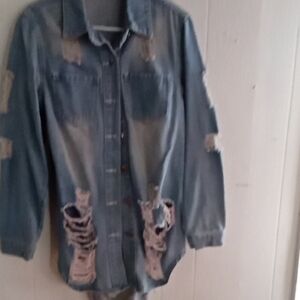 Distressed Light Denim Shirt Jacket - Blue